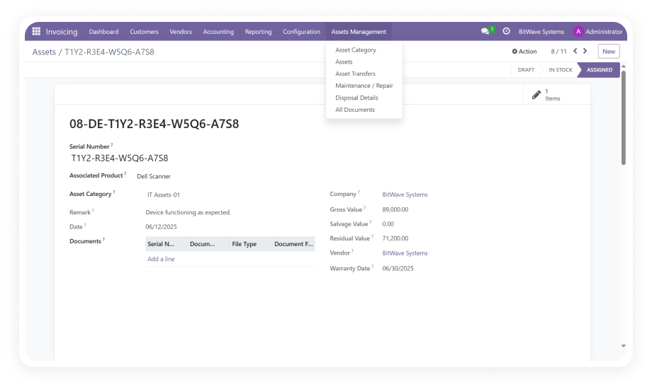 Odoo Asset Management — Full lifecycle asset tracking view