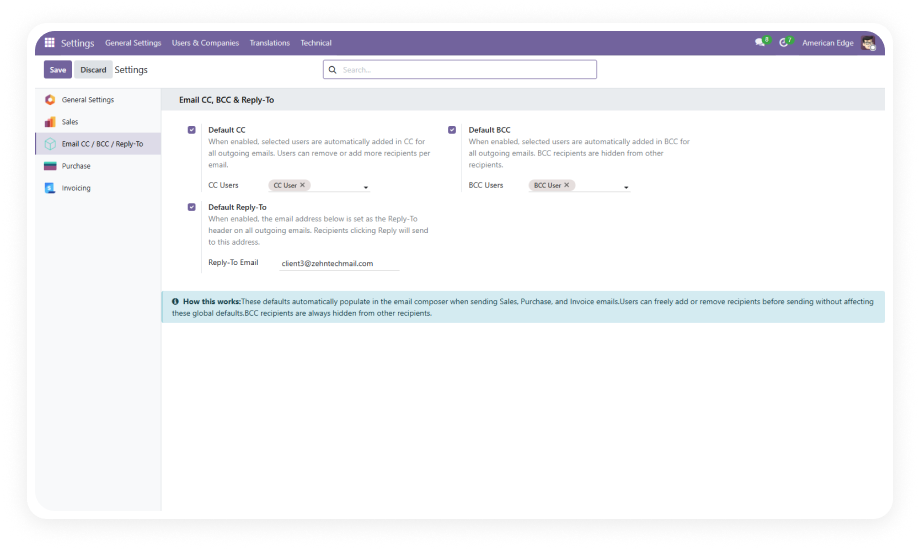 Email CC & BCC for Odoo — Global CC, BCC, and Reply-To management