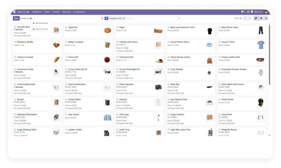 Main Menu — Centralized Odoo navigation dashboard with module tiles and bookmarks