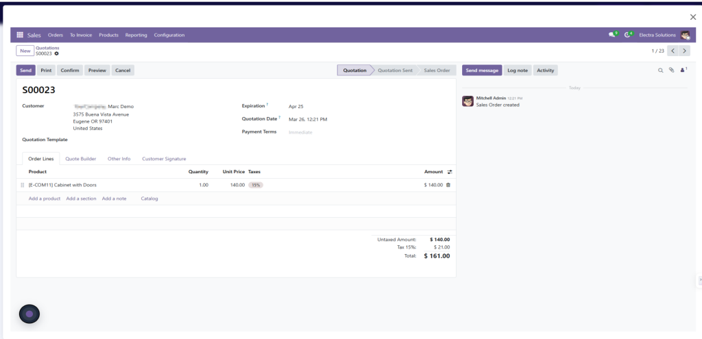 An Odoo workflow dashboard showing a draft quotation awaiting final human review and confirmation before execution.